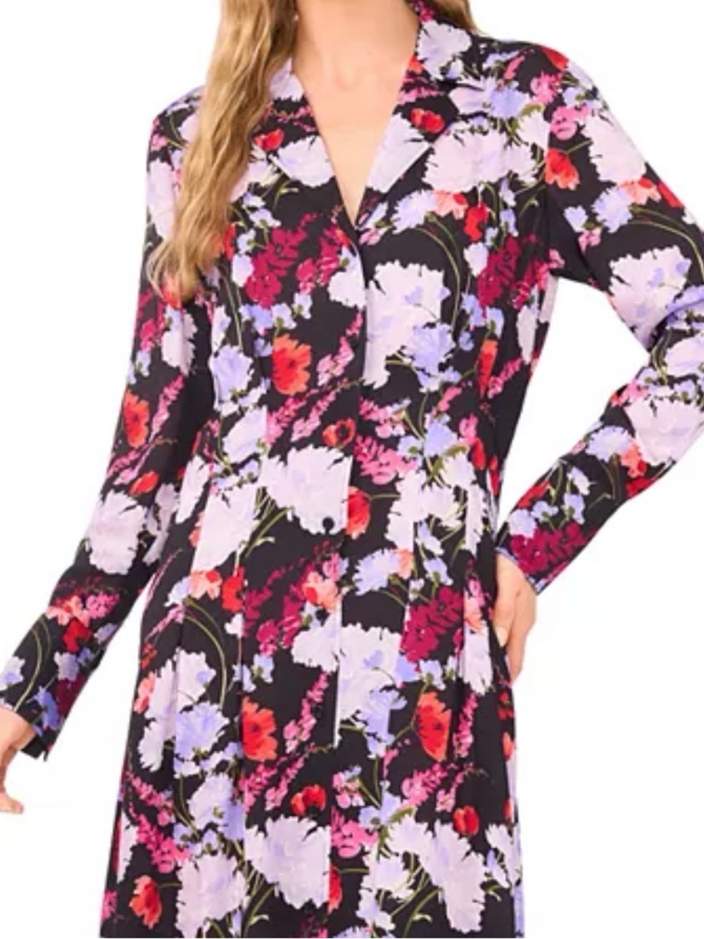 Ted Baker London Black Floral Long Sleeve Midi Dress with Pink & Red Blossoms